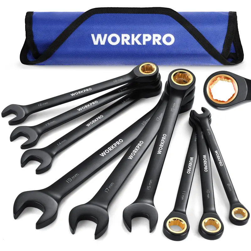 WORKPRO 9-teiliges schwarzes Anti-Rutsch-Ratschen-Steckschlüssel-Set, metrisch 8–19 mm, Zoll 1/4"–3/4", 72-Zähne, aus Chrom-Vanadium-Stahl