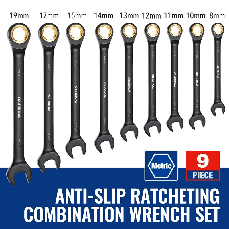 WORKPRO 9-teiliges schwarzes Anti-Rutsch-Ratschen-Steckschlüssel-Set, metrisch 8–19 mm, Zoll 1/4"–3/4", 72-Zähne, aus Chrom-Vanadium-Stahl 2