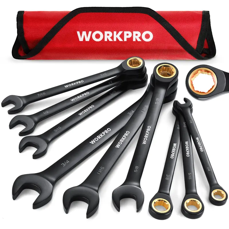WORKPRO 9-teiliges schwarzes Anti-Rutsch-Ratschen-Steckschlüssel-Set, metrisch 8–19 mm, Zoll 1/4"–3/4", 72-Zähne, aus Chrom-Vanadium-Stahl