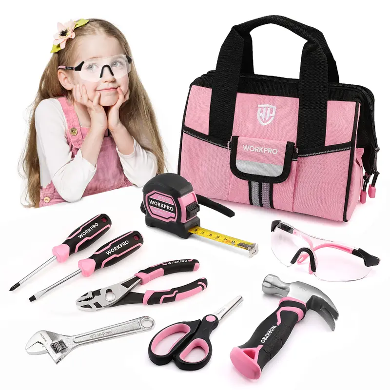 WORKPRO 9-teiliges Werkzeugset für Kinder und Jugendliche mit Werkzeugtasche, rosa/blau – Rosa Band