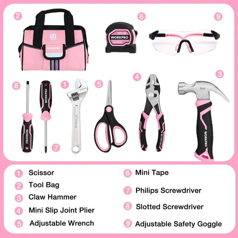 WORKPRO 9-teiliges Werkzeugset für Kinder und Jugendliche mit Werkzeugtasche, rosa/blau – Rosa Band 2