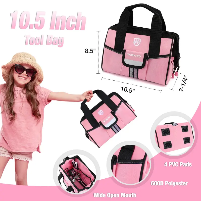 WORKPRO 9-teiliges Werkzeugset für Kinder und Jugendliche mit Werkzeugtasche, rosa/blau – Rosa Band