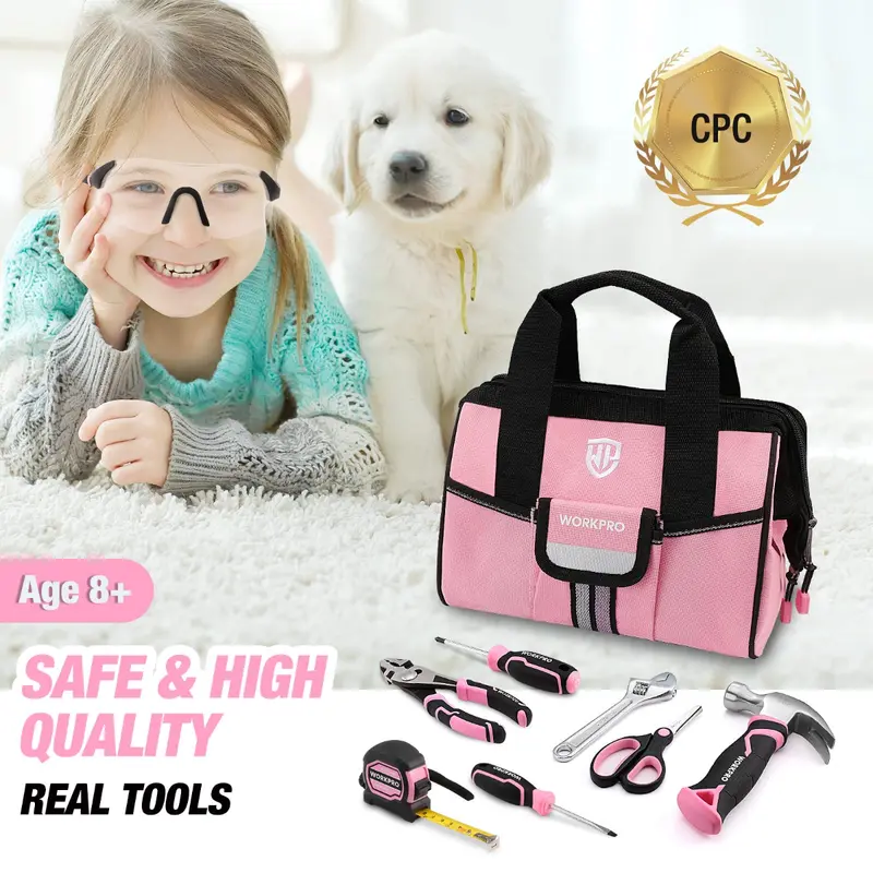 WORKPRO 9-teiliges Werkzeugset für Kinder und Jugendliche mit Werkzeugtasche, rosa/blau – Rosa Band