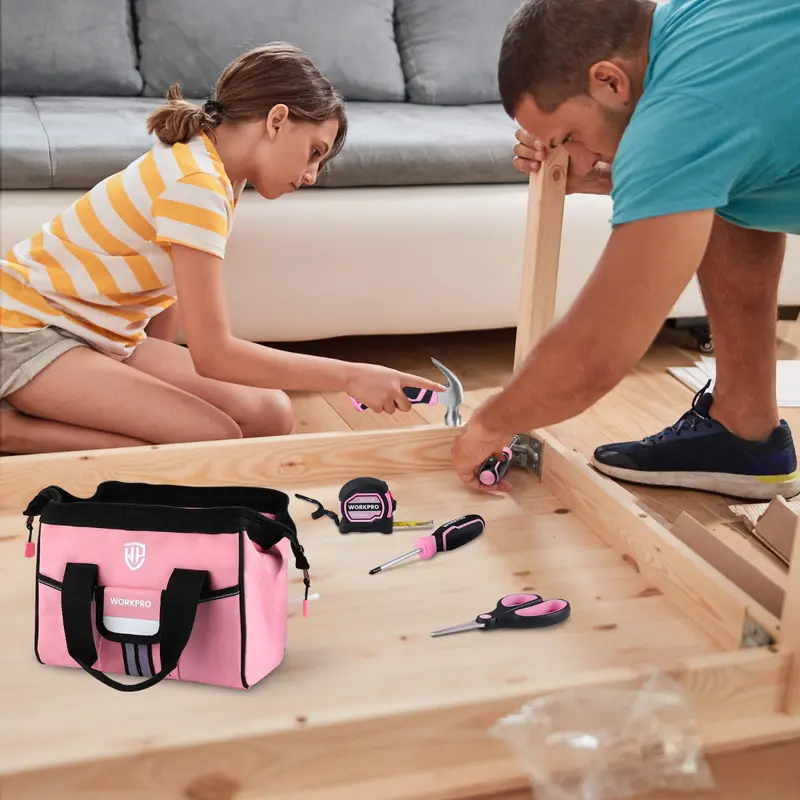 WORKPRO 9-teiliges Werkzeugset für Kinder und Jugendliche mit Werkzeugtasche, rosa/blau – Rosa Band