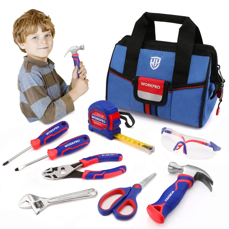 WORKPRO 9-teiliges Werkzeugset für Kinder und Jugendliche mit Werkzeugtasche, rosa/blau – Rosa Band