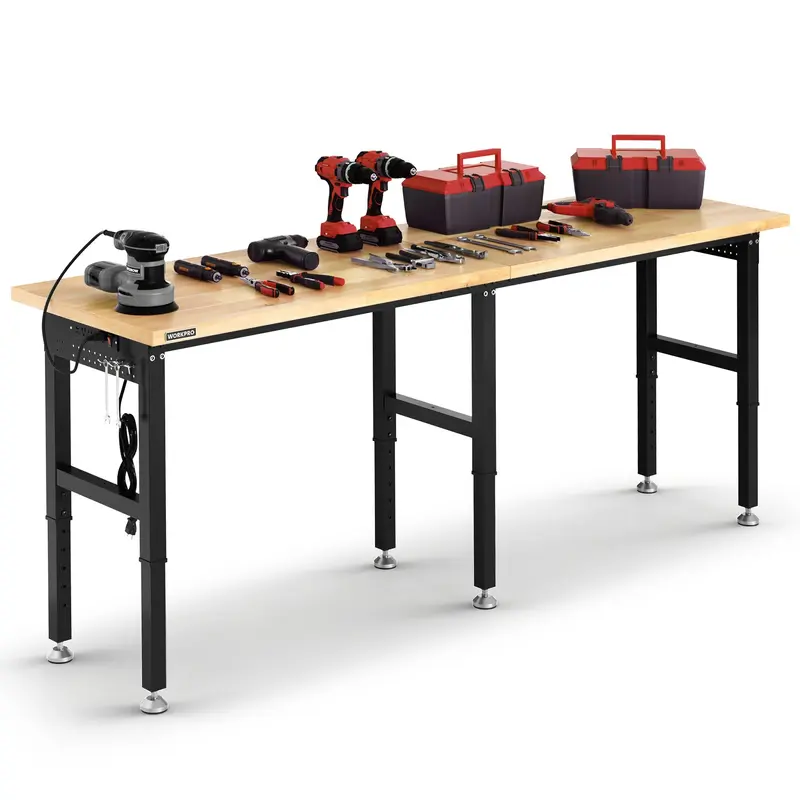 WORKPRO 96" x 24" große Werkbank mit verstellbarer Höhe und integrierter Steckdose, hochbelastbare Arbeitsplatte mit 1814 kg Tragfähigkeit für Garage, Werkstatt und Heimgebrauch