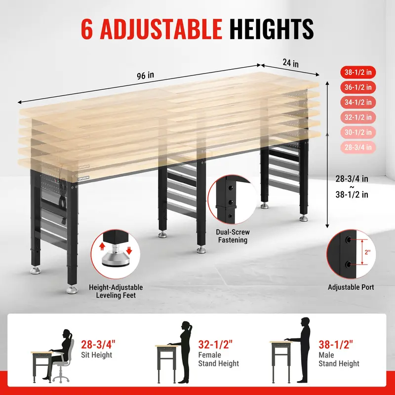WORKPRO 96" x 24" große Werkbank mit verstellbarer Höhe und integrierter Steckdose, hochbelastbare Arbeitsplatte mit 1814 kg Tragfähigkeit für Garage, Werkstatt und Heimgebrauch