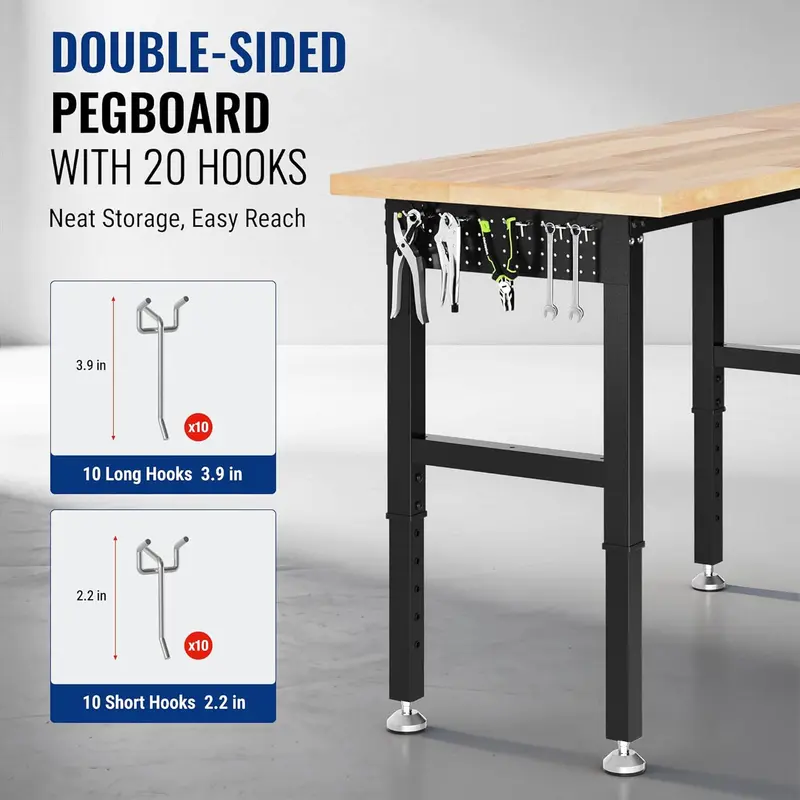 WORKPRO 96" x 24" große Werkbank mit verstellbarer Höhe und integrierter Steckdose, hochbelastbare Arbeitsplatte mit 1814 kg Tragfähigkeit für Garage, Werkstatt und Heimgebrauch