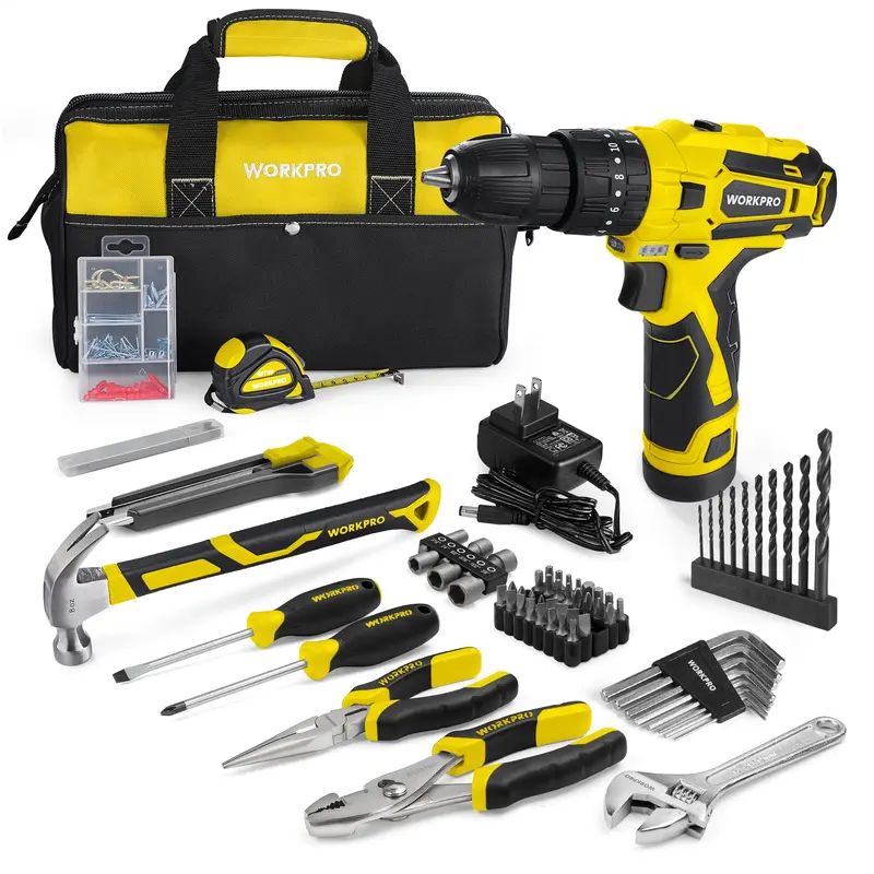 WORKPRO Akku-Bohrschrauber 12 V, Elektrowerkzeug-Set für zu Hause, 177-teiliges Kombo-Set mit 35,5-cm-Aufbewahrungstasche sowie 2000-mAh-Lithium-Ionen-Akku und Ladegerät (Gelb)