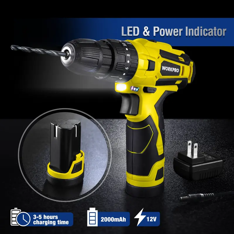WORKPRO Akku-Bohrschrauber 12 V, Elektrowerkzeug-Set für zu Hause, 177-teiliges Kombo-Set mit 35,5-cm-Aufbewahrungstasche sowie 2000-mAh-Lithium-Ionen-Akku und Ladegerät (Gelb)
