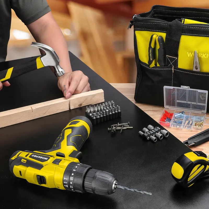 WORKPRO Akku-Bohrschrauber 12 V, Elektrowerkzeug-Set für zu Hause, 177-teiliges Kombo-Set mit 35,5-cm-Aufbewahrungstasche sowie 2000-mAh-Lithium-Ionen-Akku und Ladegerät (Gelb)