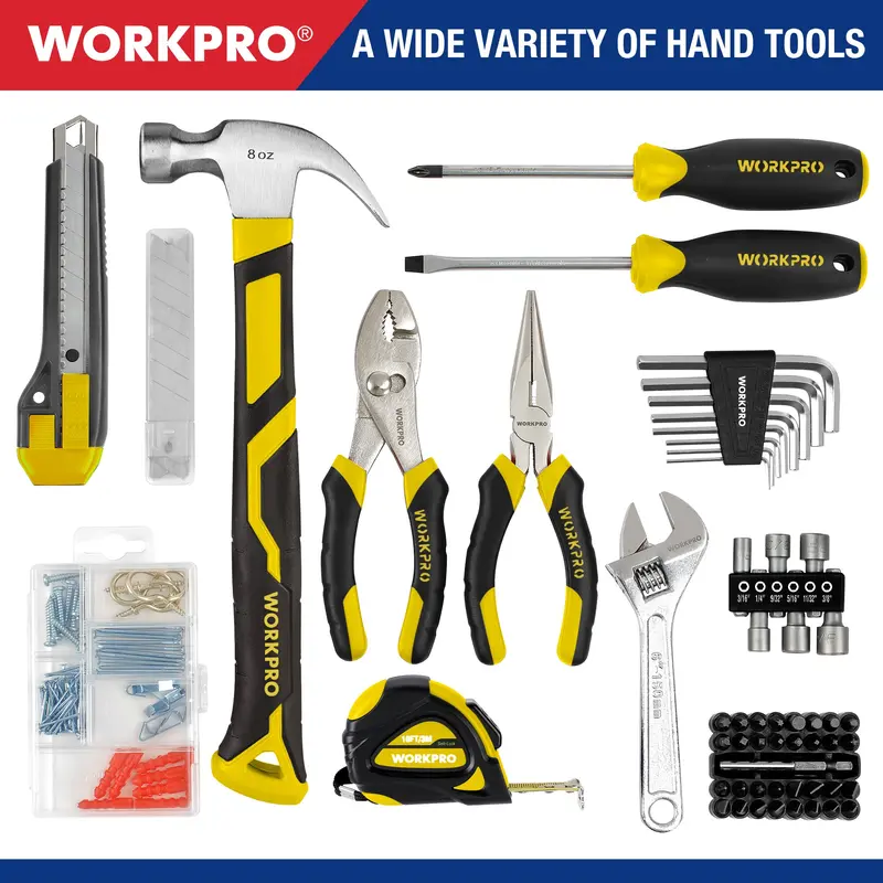 WORKPRO Akku-Bohrschrauber 12 V, Elektrowerkzeug-Set für zu Hause, 177-teiliges Kombo-Set mit 35,5-cm-Aufbewahrungstasche sowie 2000-mAh-Lithium-Ionen-Akku und Ladegerät (Gelb)