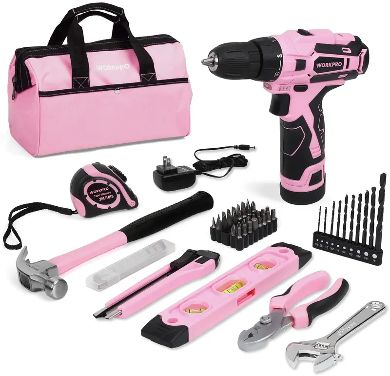 WORKPRO Akku-Bohrschrauber 12 V und Heimwerker-Set mit 35-cm-Aufbewahrungstasche – Pink Ribbon