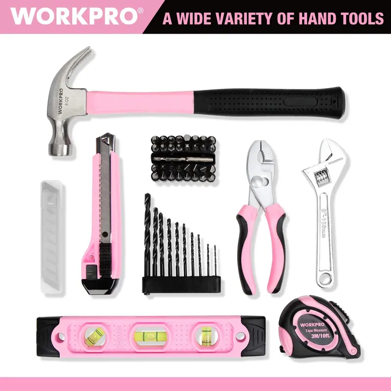 WORKPRO Akku-Bohrschrauber 12 V und Heimwerker-Set mit 35-cm-Aufbewahrungstasche – Pink Ribbon