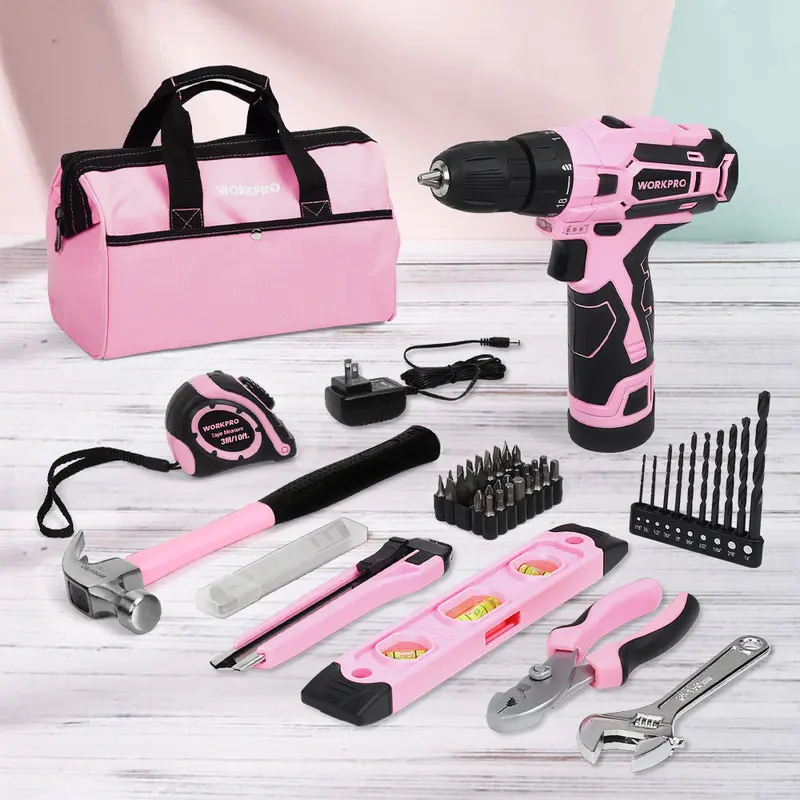 WORKPRO Akku-Bohrschrauber 12 V und Heimwerker-Set mit 35-cm-Aufbewahrungstasche – Pink Ribbon