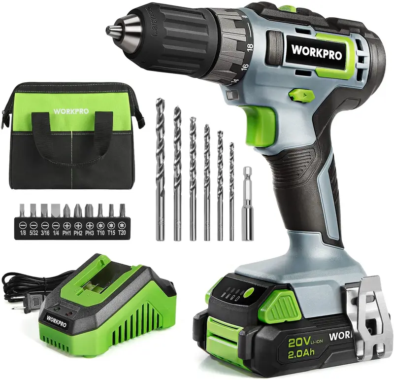 WORKPRO Akku-Bohrschrauber 20 V, 2,0-Ah-Li-Ionen-Akku, Schnelllader (Ladezeit 1 Stunde) und grüner Aufbewahrungsbeutel (28 cm) im Lieferumfang enthalten