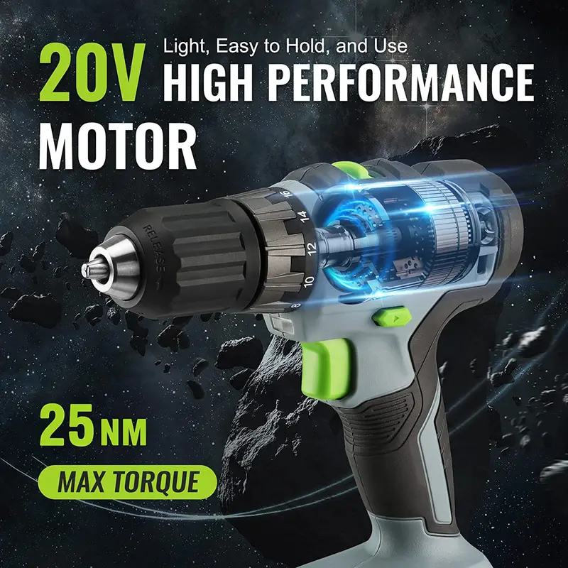 WORKPRO Akku-Bohrschrauber 20 V, 2,0-Ah-Li-Ionen-Akku, Schnelllader (Ladezeit 1 Stunde) und grüner Aufbewahrungsbeutel (28 cm) im Lieferumfang enthalten 2