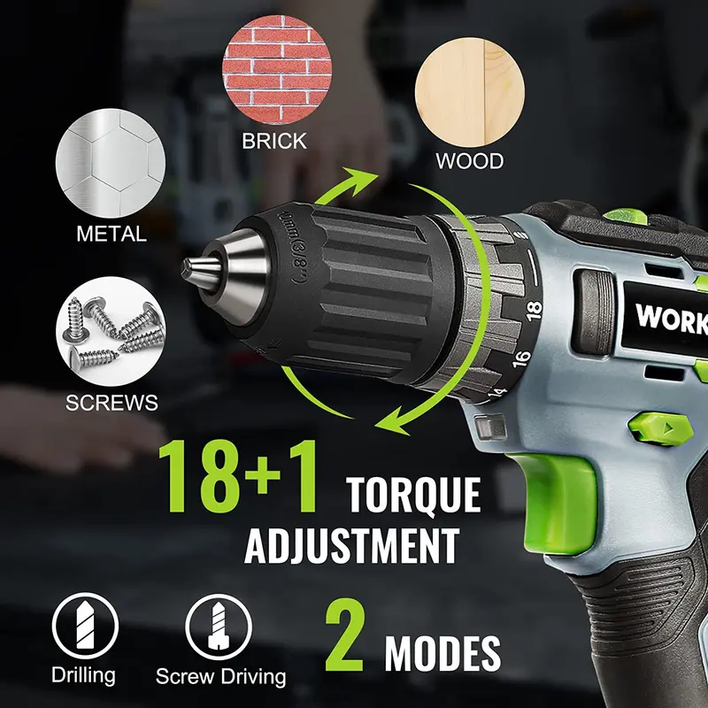 WORKPRO Akku-Bohrschrauber 20 V, 2,0-Ah-Li-Ionen-Akku, Schnelllader (Ladezeit 1 Stunde) und grüner Aufbewahrungsbeutel (28 cm) im Lieferumfang enthalten