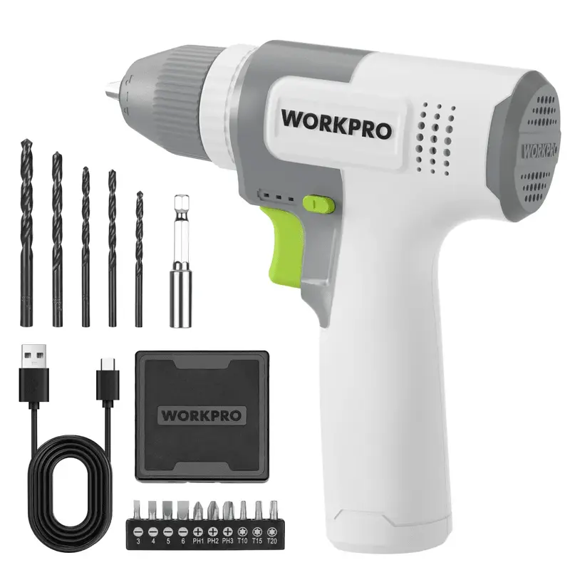 WORKPRO Akku-Bohrschrauber 8 V, elektrischer Bohrer mit 2 Ah Akku und schnellspannender Spannfuttergröße 3/8 Zoll, inkl. 15 Bits und 1 USB-C-Ladekabel für Bohr- und Schraubarbeiten, weiß