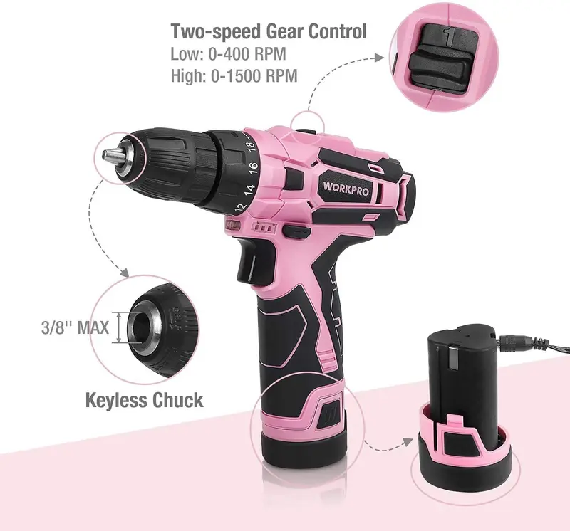 WORKPRO Akku-Bohrschrauber-Set 12 V, elektrischer Schraubendreher für Frauen – Rosa Band 2