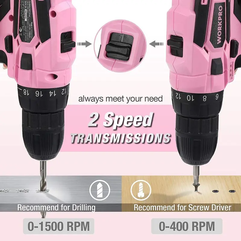 WORKPRO Akku-Bohrschrauber-Set 12 V, elektrischer Schraubendreher für Frauen – Rosa Band