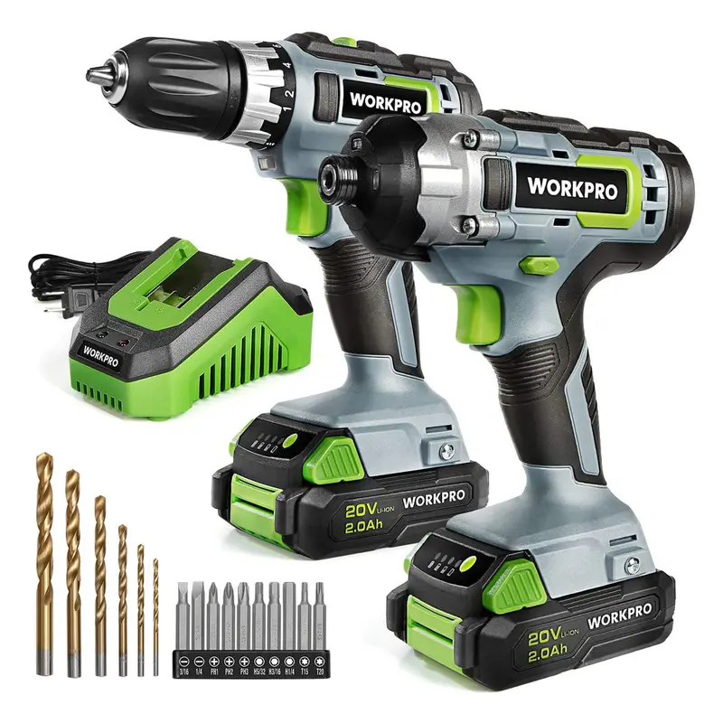 WORKPRO Akku-Bohrschrauber-Set 20 V, Bohrschrauber und Schlagschrauber mit 2 Akkus à 2,0 Ah und Schnellladegerät (Ladezeit: 1 Stunde)