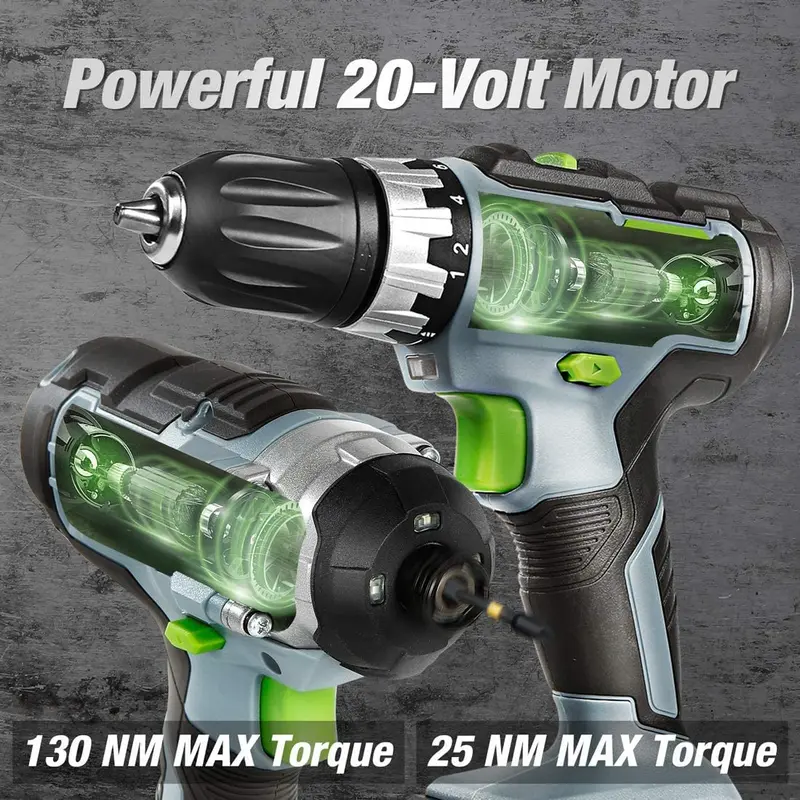 WORKPRO Akku-Bohrschrauber-Set 20 V, Bohrschrauber und Schlagschrauber mit 2 Akkus à 2,0 Ah und Schnellladegerät (Ladezeit: 1 Stunde) 2