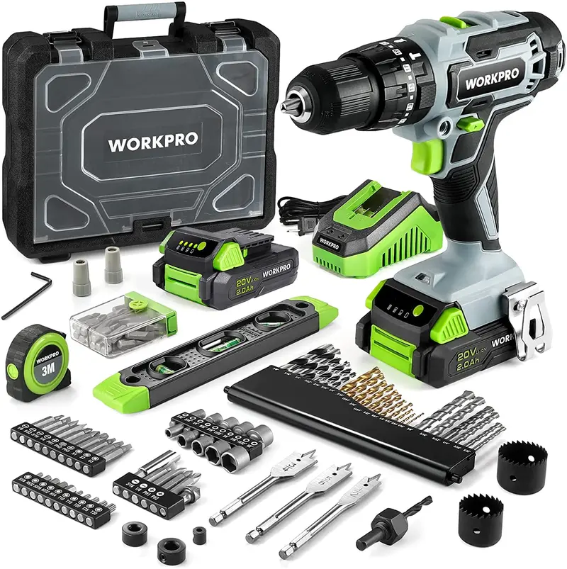 WORKPRO Akku-Bohrschrauber-Set, 20 V Max, elektrisches Schlagbohrgerät mit 102 Zubehörteilen, 2 × 2,0-Ah-Li-Ionen-Akkus mit Schnellladegerät