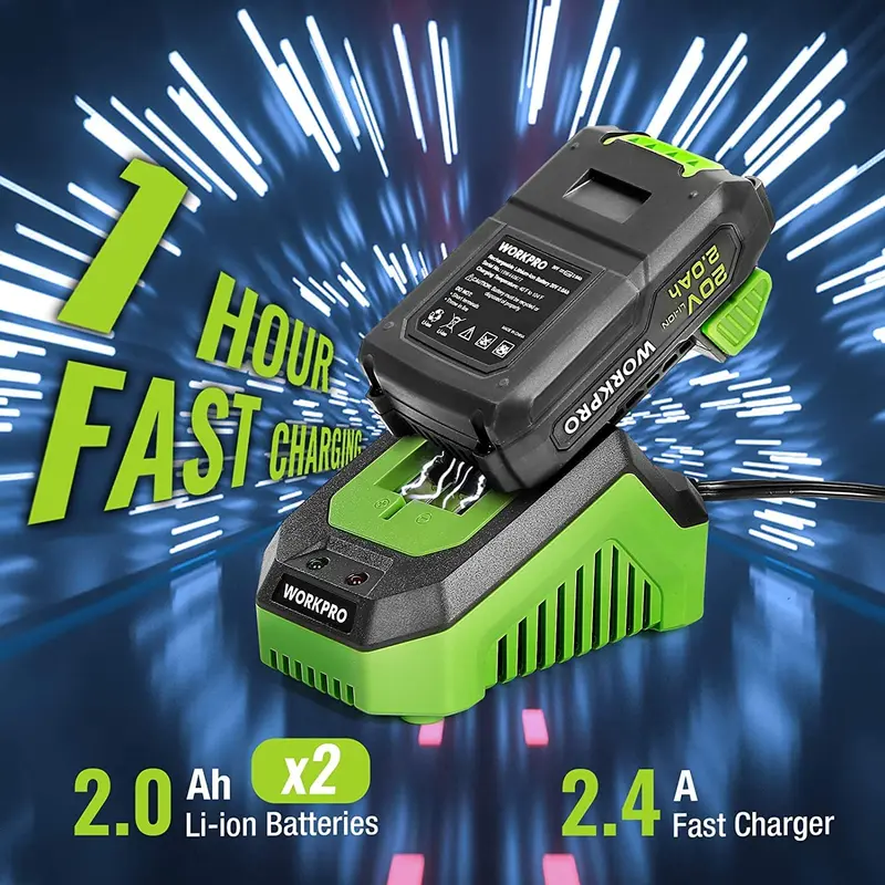 WORKPRO Akku-Bohrschrauber-Set, 20 V Max, elektrisches Schlagbohrgerät mit 102 Zubehörteilen, 2 × 2,0-Ah-Li-Ionen-Akkus mit Schnellladegerät