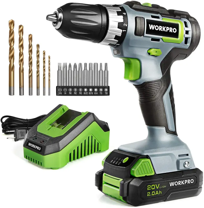 WORKPRO Akku-Bohrschrauber-Set 20 V, stufenlos einstellbare Drehzahl, 3/8", 18+2 Drehmomentstufen, 2,0-Ah-Li-Ionen-Akku und Schnellladegerät (Ladezeit: 1 Stunde)