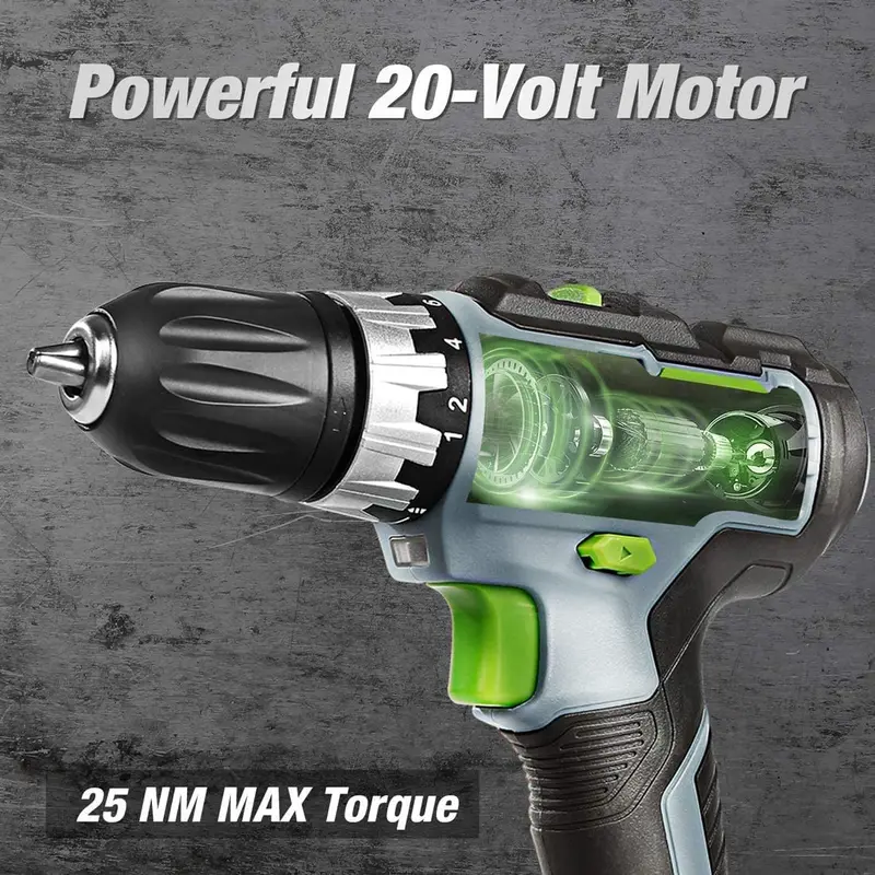 WORKPRO Akku-Bohrschrauber-Set 20 V, stufenlos einstellbare Drehzahl, 3/8", 18+2 Drehmomentstufen, 2,0-Ah-Li-Ionen-Akku und Schnellladegerät (Ladezeit: 1 Stunde) 2