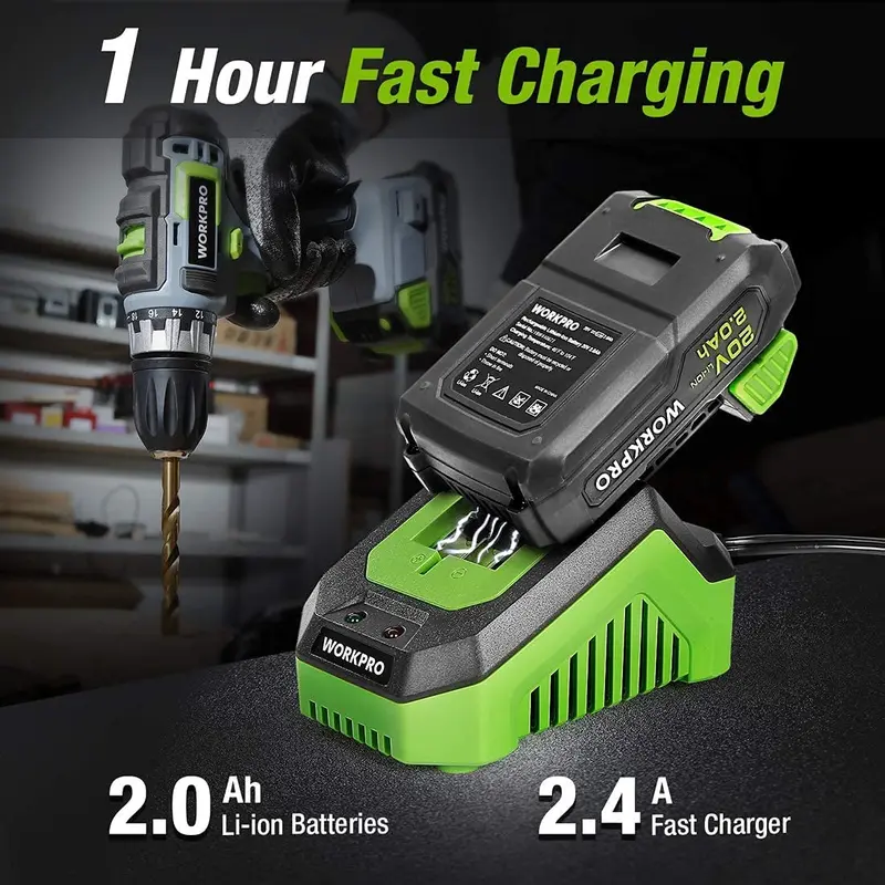 WORKPRO Akku-Bohrschrauber-Set 20 V, stufenlos einstellbare Drehzahl, 3/8", 18+2 Drehmomentstufen, 2,0-Ah-Li-Ionen-Akku und Schnellladegerät (Ladezeit: 1 Stunde)