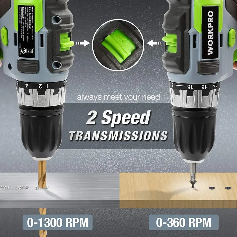 WORKPRO Akku-Bohrschrauber-Set 20 V, stufenlos einstellbare Drehzahl, 3/8", 18+2 Drehmomentstufen, 2,0-Ah-Li-Ionen-Akku und Schnellladegerät (Ladezeit: 1 Stunde)