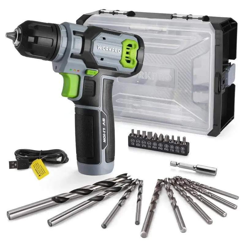 WORKPRO Akku-Bohrschrauber-Set mit stapelbarem Werkzeugkasten, 8-V-Akku-Bohrschrauber und Bit-Set, 2,0-Ah elektrischer Akku-Schrauber mit schnellspannender 3/8"-Spannfutter, tragbarer Bohrer für Heimwerker und DIY-Projekte