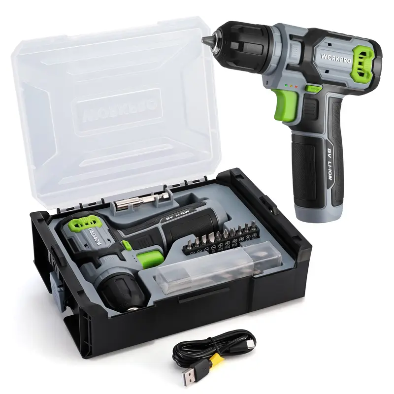 WORKPRO Akku-Bohrschrauber-Set mit stapelbarem Werkzeugkasten, 8-V-Akku-Bohrschrauber und Bit-Set, 2,0-Ah elektrischer Akku-Schrauber mit schnellspannender 3/8"-Spannfutter, tragbarer Bohrer für Heimwerker und DIY-Projekte