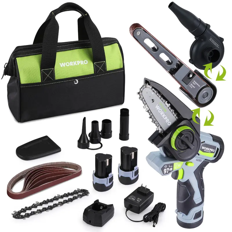 WORKPRO Akku-Feinschleifer mit Schleifband, Mini-Kettensäge und Elektro-Gebläse – 3-in-1-Set für vielseitige Anwendungen