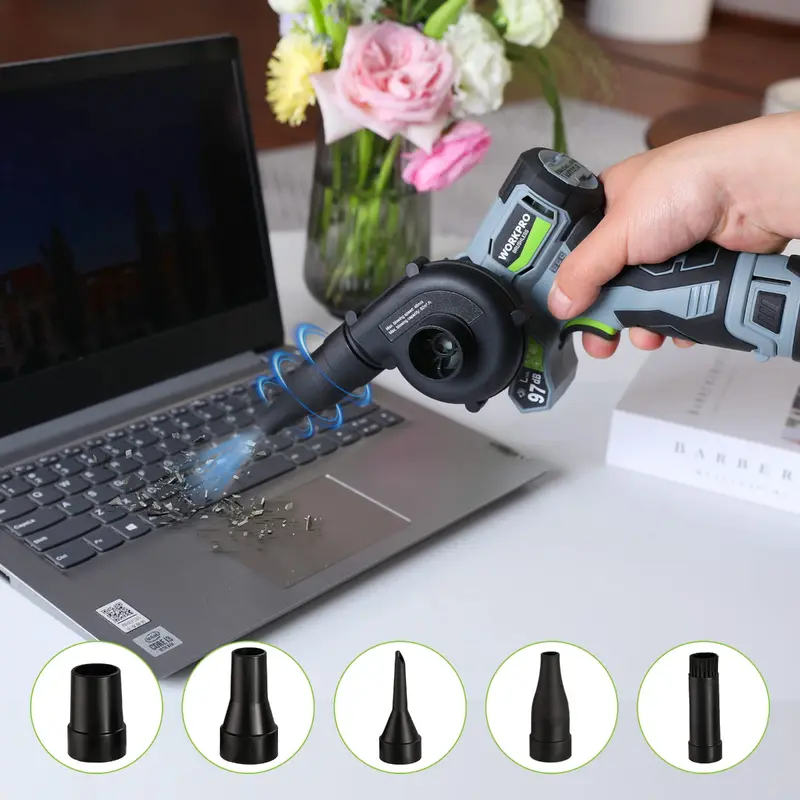 WORKPRO Akku-Feinschleifer mit Schleifband, Mini-Kettensäge und Elektro-Gebläse – 3-in-1-Set für vielseitige Anwendungen