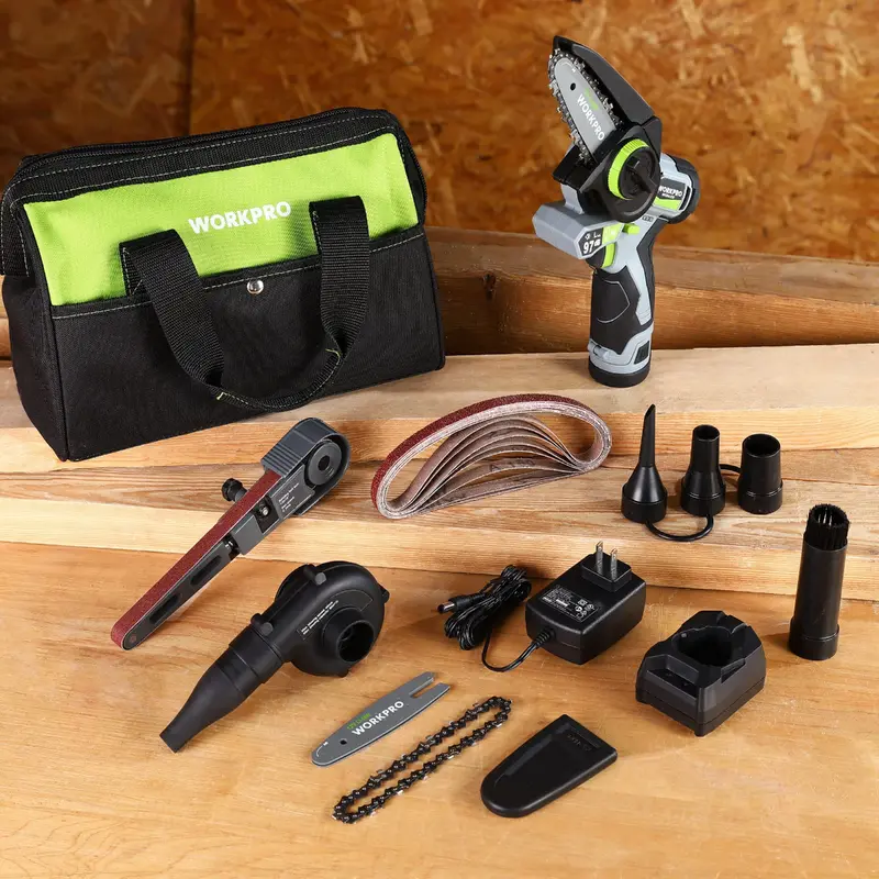 WORKPRO Akku-Feinschleifer mit Schleifband, Mini-Kettensäge und Elektro-Gebläse – 3-in-1-Set für vielseitige Anwendungen