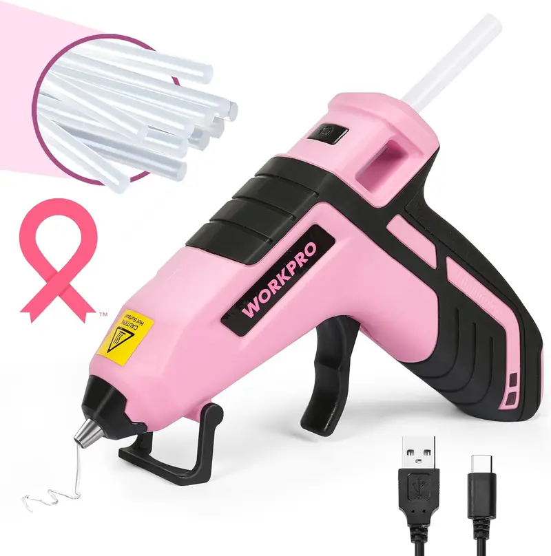 WORKPRO Akku-Hotmelt-Klebepistole, 3,6 V (aktualisiert), inkl. 20 Premium-Mini-Klebesticks – Rosa Band