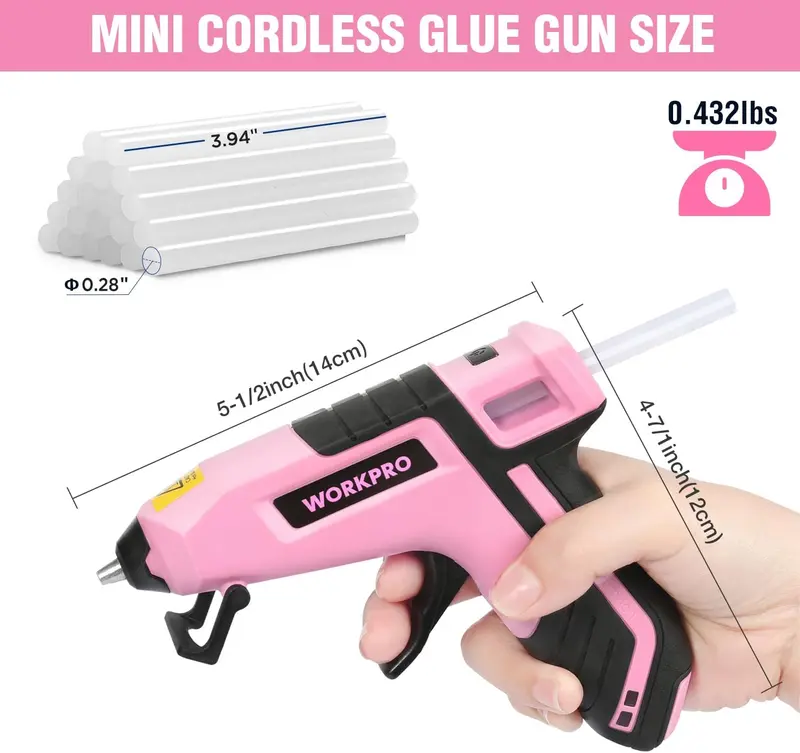 WORKPRO Akku-Hotmelt-Klebepistole, 3,6 V (aktualisiert), inkl. 20 Premium-Mini-Klebesticks – Rosa Band