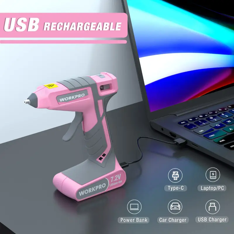 WORKPRO Akku-Hotmelt-Klebepistole 7,2 V – Rosa Schleife