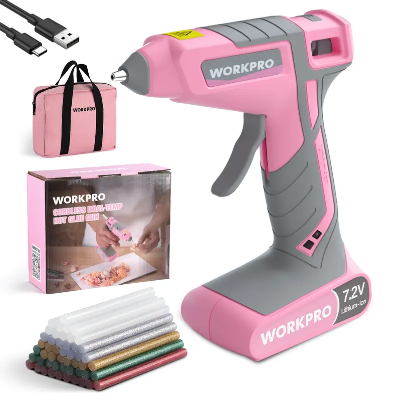 WORKPRO Akku-Hotmelt-Klebepistole-Set, 30 Sek. schnelle Aufheizzeit, 7,2 V Dualtemperatur, 2600 mAh Akku, 50 Klebestifte, USB-C-Ladefunktion & Aufbewahrungstasche