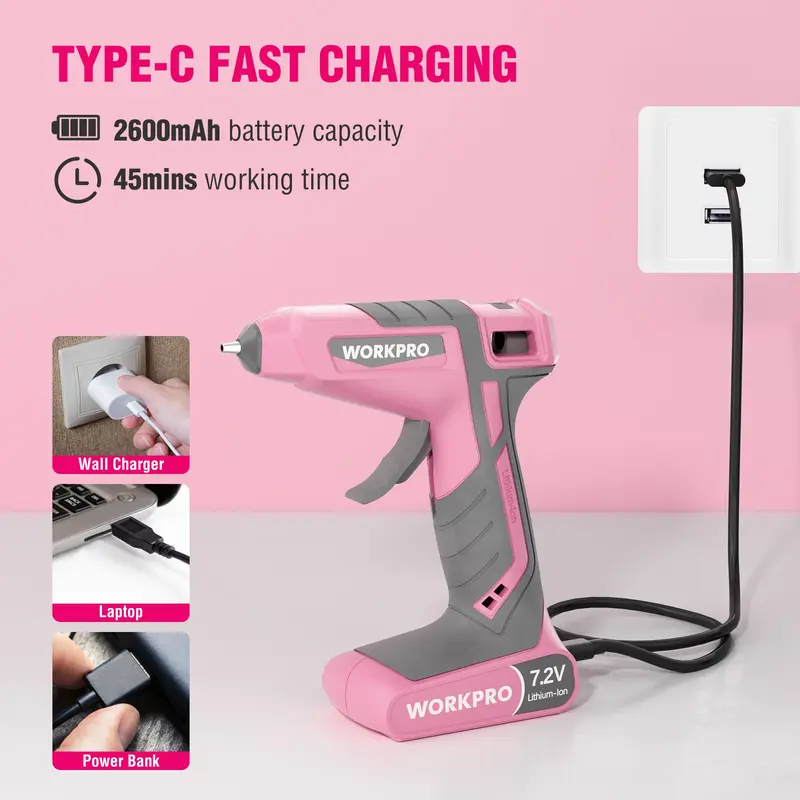WORKPRO Akku-Hotmelt-Klebepistole-Set, 30 Sek. schnelle Aufheizzeit, 7,2 V Dualtemperatur, 2600 mAh Akku, 50 Klebestifte, USB-C-Ladefunktion & Aufbewahrungstasche