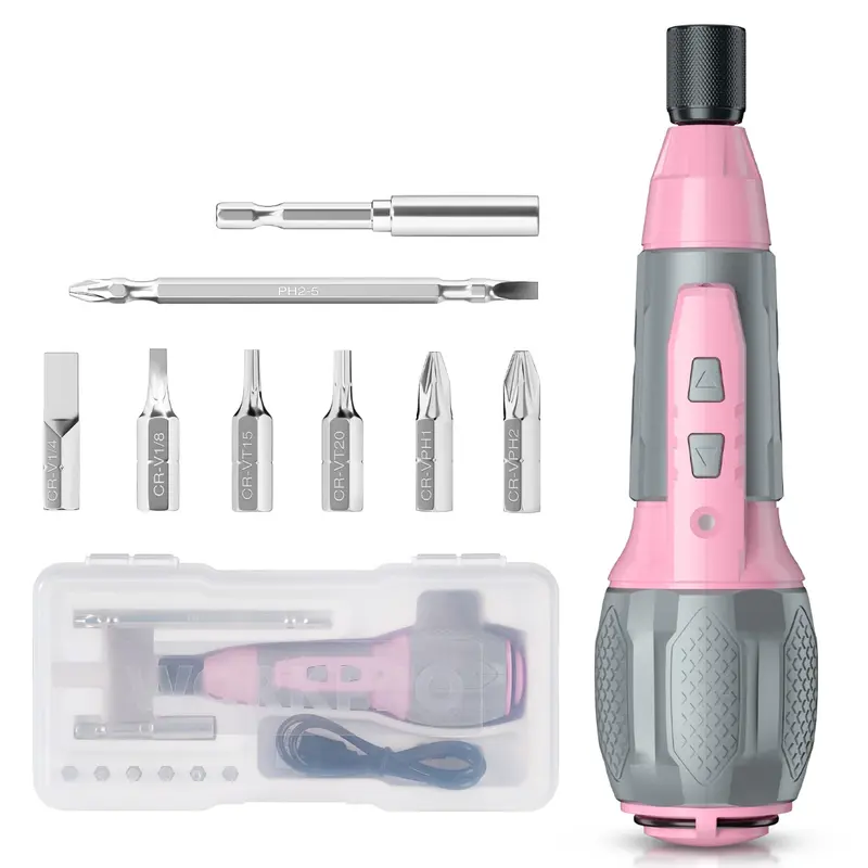 WORKPRO Akku-Schraubendreher-Set, 4 V, USB-wiederaufladbar, Lithium-Ionen-Akku – Rosa Band