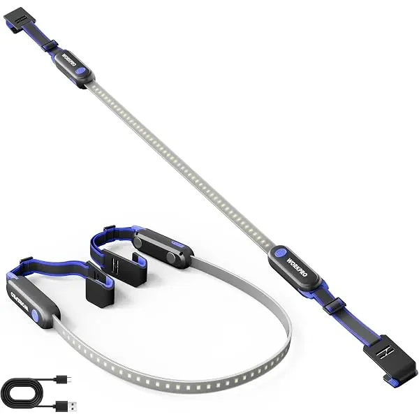 WORKPRO Akku-Unterhauben-Arbeitsleuchte, 25 Zoll lange faltbare LED-Arbeitsleuchte mit 3 Lichtmodi, verstellbaren Gurten und Haken sowie starker Magnetbefestigung für Autoreparaturen / Garage / Werkstatt / Notfälle