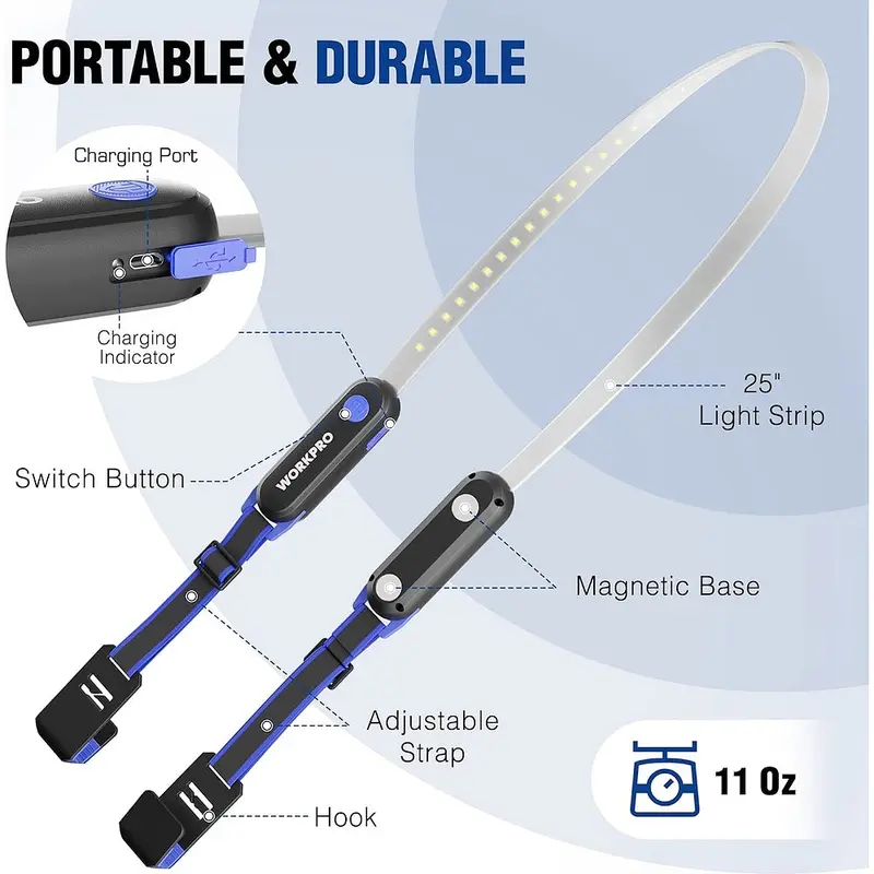 WORKPRO Akku-Unterhauben-Arbeitsleuchte, 25 Zoll lange faltbare LED-Arbeitsleuchte mit 3 Lichtmodi, verstellbaren Gurten und Haken sowie starker Magnetbefestigung für Autoreparaturen / Garage / Werkstatt / Notfälle 2