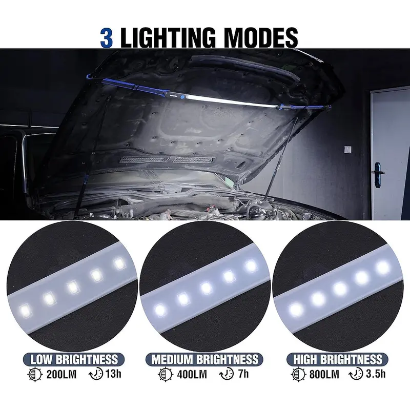 WORKPRO Akku-Unterhauben-Arbeitsleuchte, 25 Zoll lange faltbare LED-Arbeitsleuchte mit 3 Lichtmodi, verstellbaren Gurten und Haken sowie starker Magnetbefestigung für Autoreparaturen / Garage / Werkstatt / Notfälle