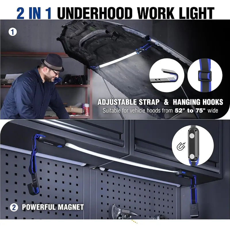 WORKPRO Akku-Unterhauben-Arbeitsleuchte, 25 Zoll lange faltbare LED-Arbeitsleuchte mit 3 Lichtmodi, verstellbaren Gurten und Haken sowie starker Magnetbefestigung für Autoreparaturen / Garage / Werkstatt / Notfälle
