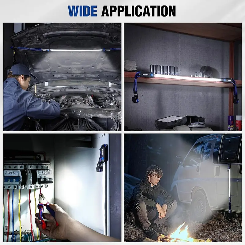 WORKPRO Akku-Unterhauben-Arbeitsleuchte, 25 Zoll lange faltbare LED-Arbeitsleuchte mit 3 Lichtmodi, verstellbaren Gurten und Haken sowie starker Magnetbefestigung für Autoreparaturen / Garage / Werkstatt / Notfälle