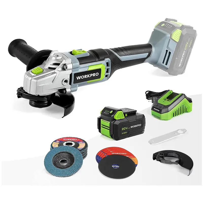 WORKPRO Akku-Winkelschleifer 20 V, 115 mm, leichter Winkelschleifer mit 4,0-Ah-Lithium-Ionen-Akku und Schnellladegerät